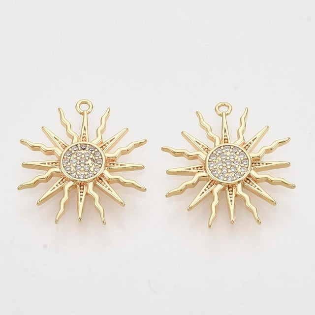 2 colgantes de sol de latón con micro pavé de circonitas cúbicas transparentes, colgantes de eclipse solar chapados en oro auténtico de 18 quilates