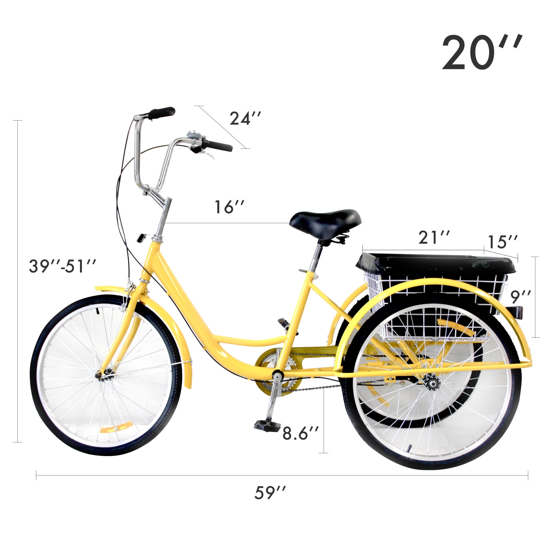 20" Adult Tricycle w/ Large Basket Bell Lock Brake Fender Lock & dust bag YELLOW