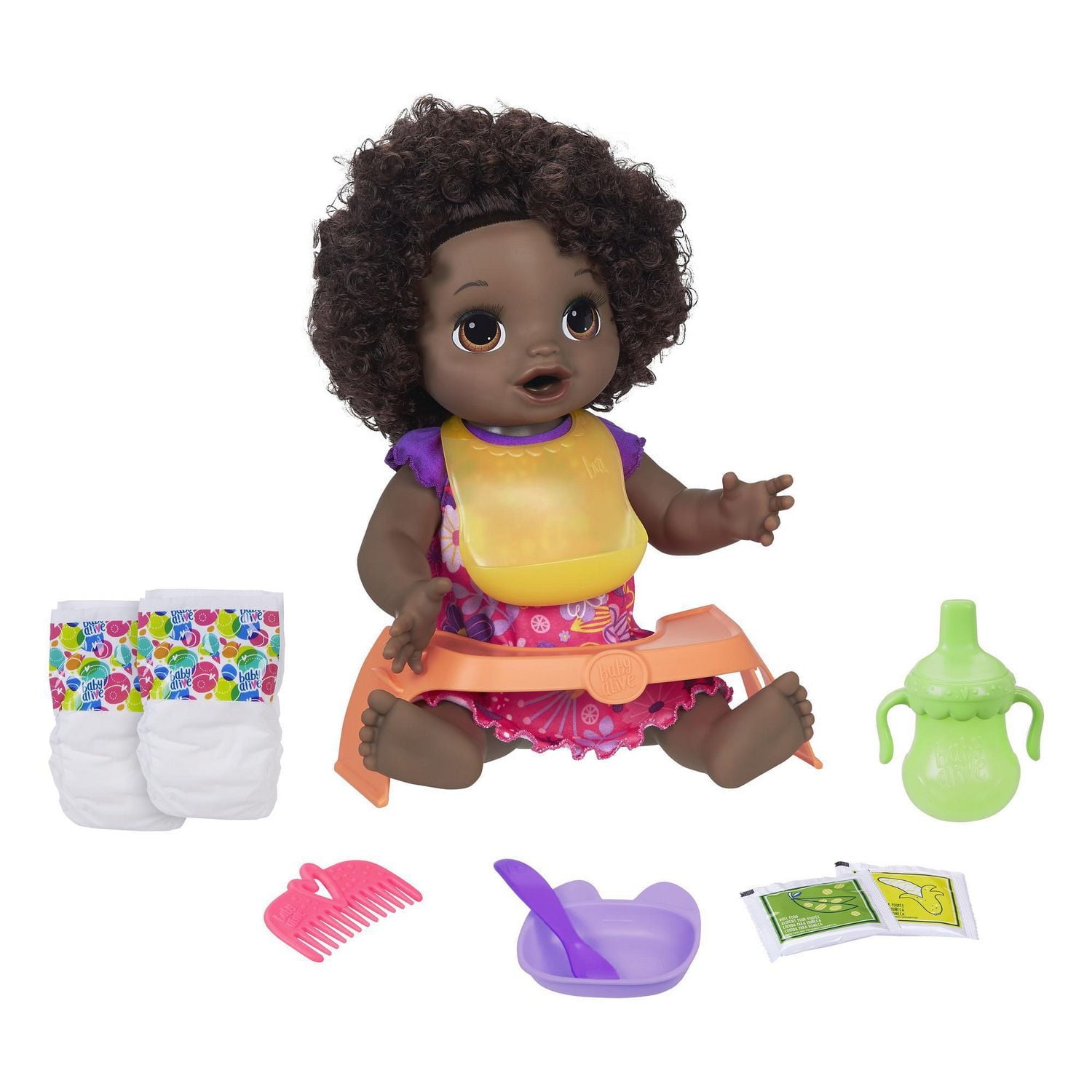 Baby Alive, poupée Bébé adore manger, aux cheveux noirs et frisés, plus de 50 sons et phrases, mange et fait caca, boit et fait pipi, pour enfant, à partir de 3 ans