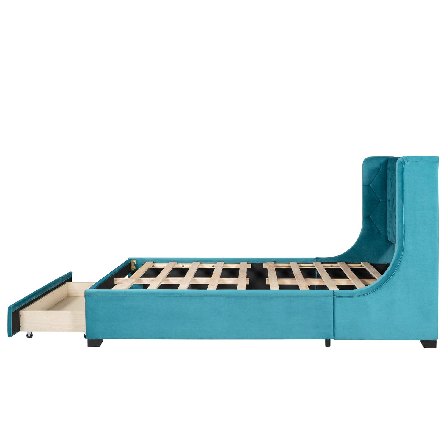 Kadyn Upholstered Platform Bed Frame with Wingback Headboard / Mattress Foundation / Wood Slat Support / No Box Spring Needed / Easy Assembly, Queen&Blue