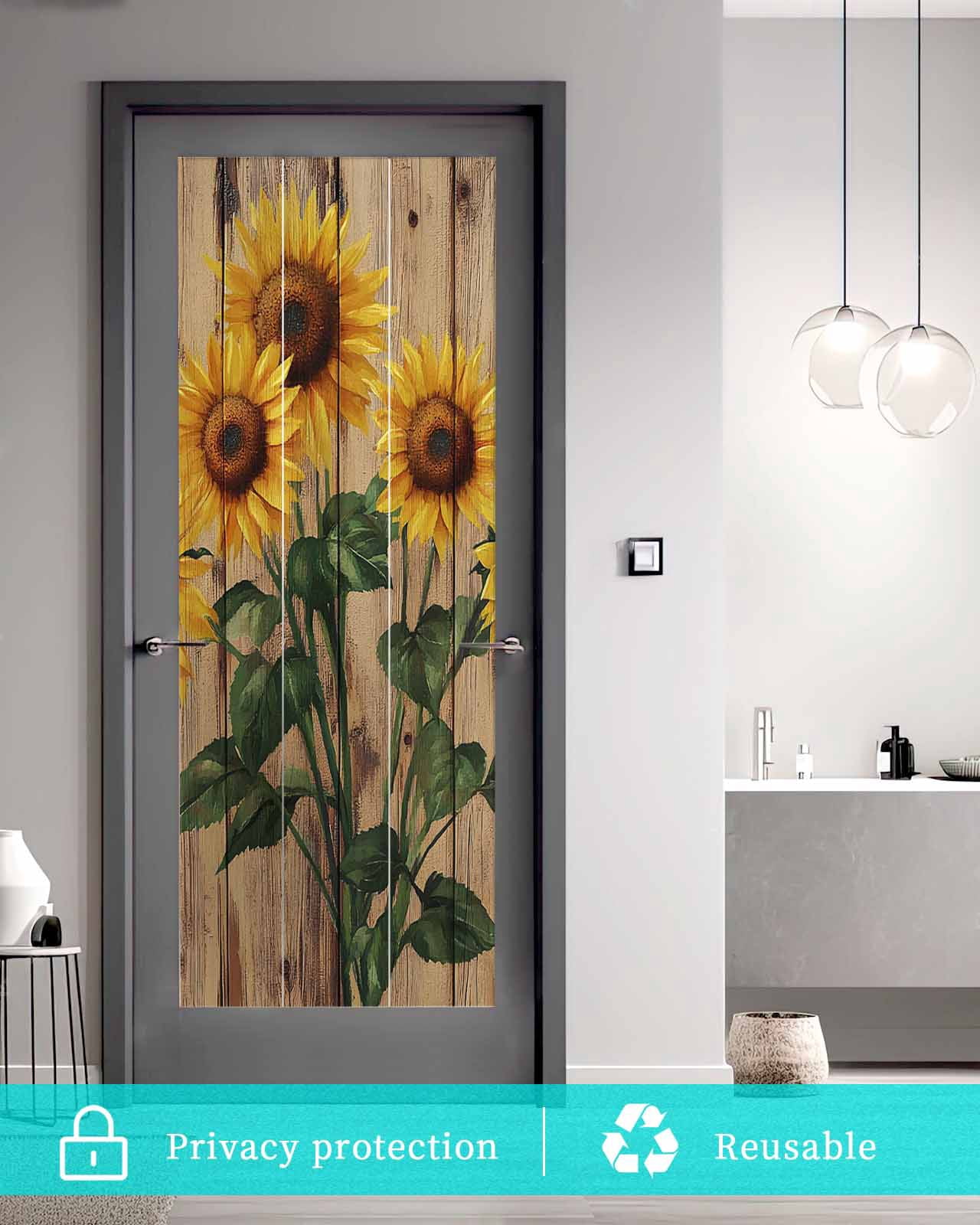 Window Privacy Film Vintage Sunflower Stained Glass Window Film Decorative Sun Block Window Cover Farmhouse Vintage Wooden Floral Window Clings Static Adhesive Sticker for Bathroom 23.6"x59"