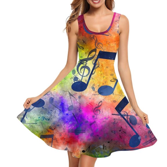 FKELYI Rainbow Music Notes Sleeveless Dress Size M Polyester Ladies Sleeveless Dresses Comfortable A Line Swing Skater Twirl Dresses