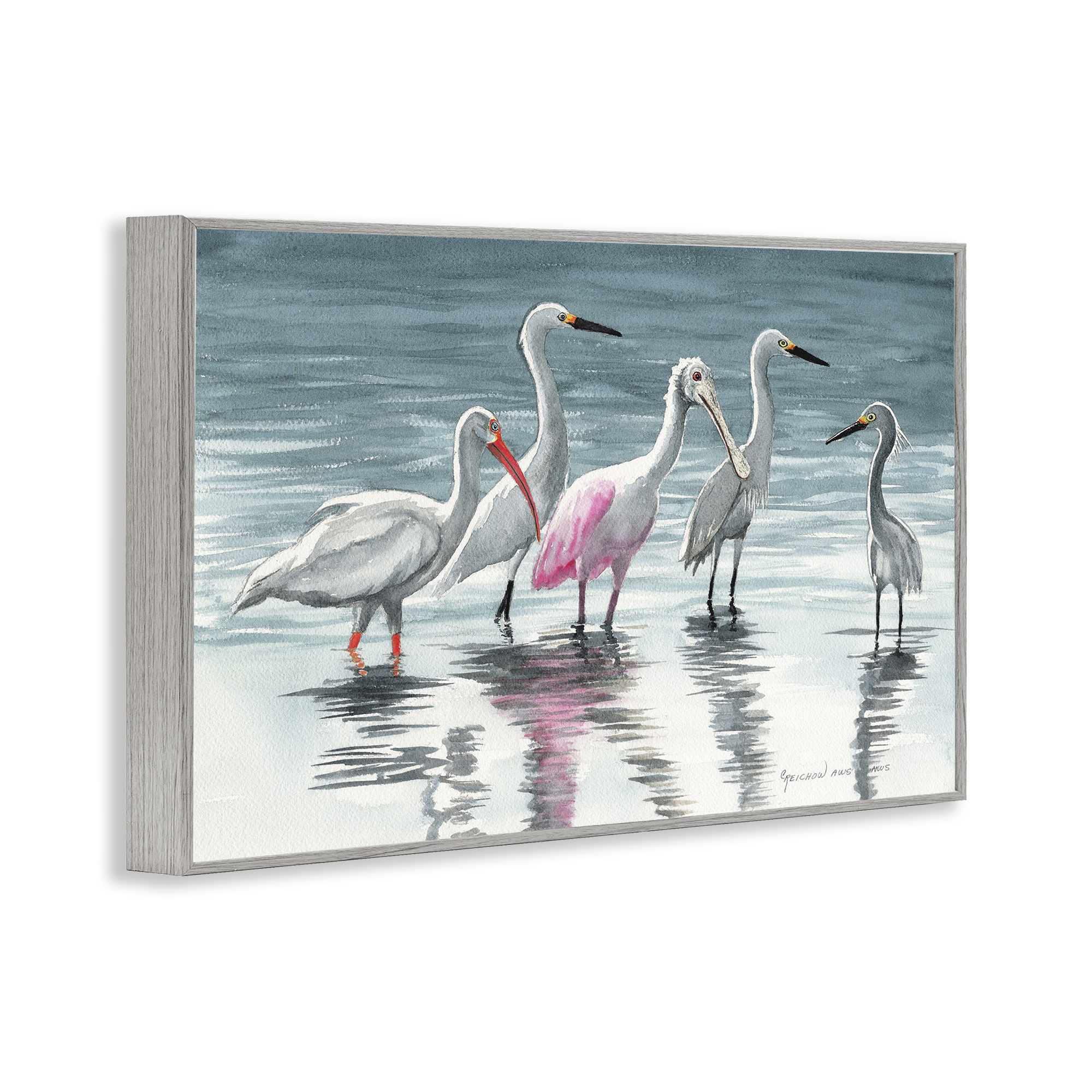 Stupell Industries Herons Stepping in Shore Animals & Insects Painting Gray Framed Art Print Wall Art, 18 x 12