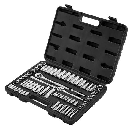 KFFKFF 69-Piece Socket and Ratchet Set, 3/8 & 1/4 Inch Drive, SAE and Metric Sizes, Includes Deep and Standard Sockets, Mechanic Tool Kit with Accessories and Durable Storage Case