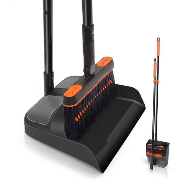 JEHONN Broom with Dust Pan with 54 inches Long Handle for Home (Black Orange)