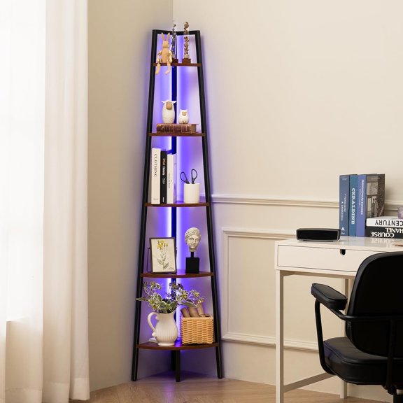Corner Shelf Stand, 5-Tier Corner Bookshelf with LED Light Corner Shelves for Bedroom, Tall Corner Book Shelf with Steel Frame Corner Bookcase Book Shelves Display Shelf for Living Room Office