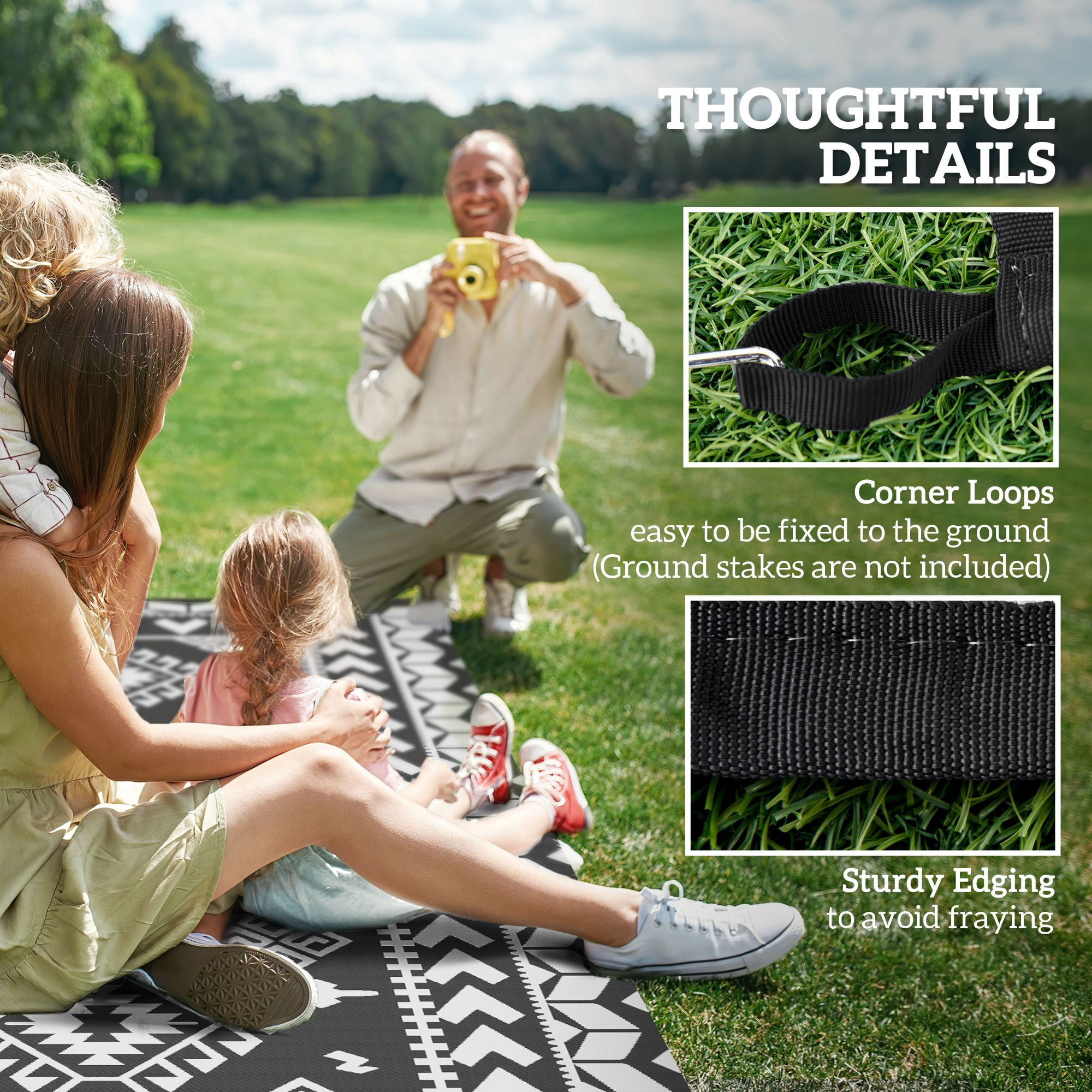 Reversible Outdoor Rug, Waterproof Plastic Straw with Carry Bag, 9' x 18', Black & White Rhombus Patchwork