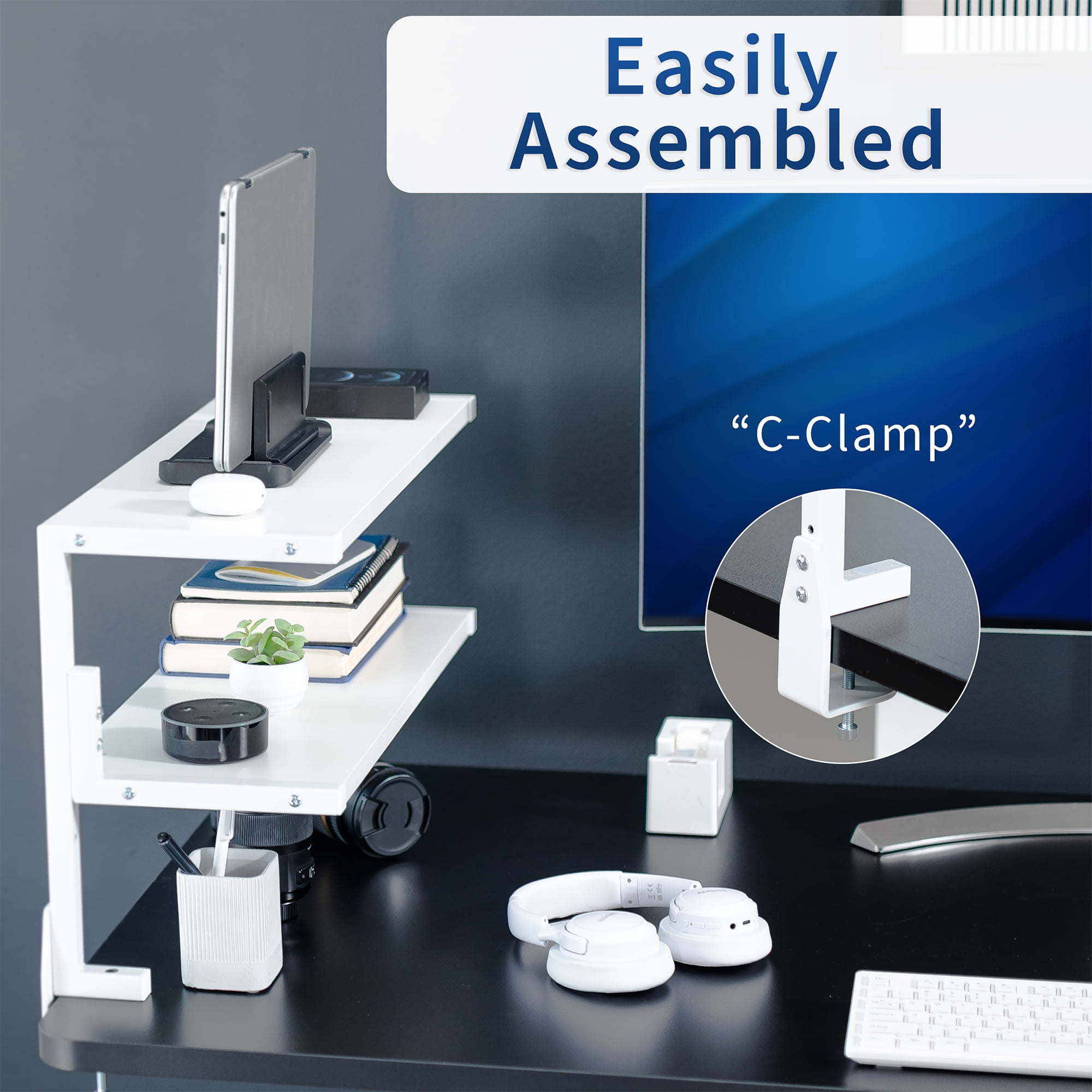 VIVO White Clamp-on 24" Above or Below Desk 2-Tier Shelving Unit, Desk Organizer
