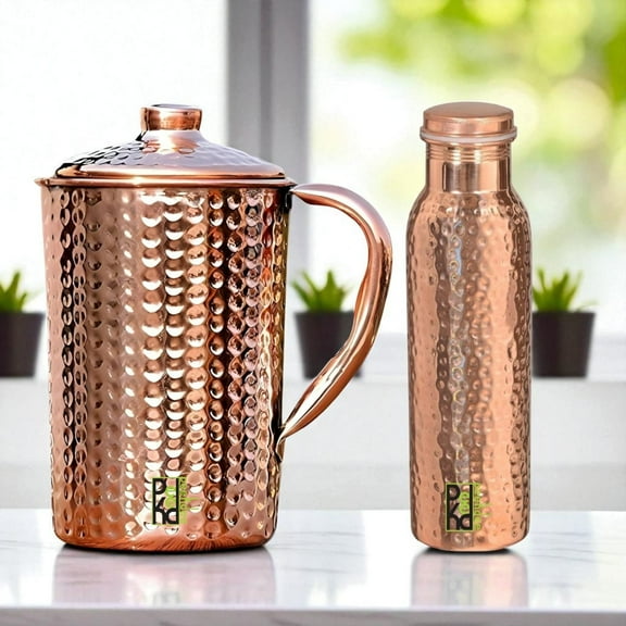 Peekdee Pure Copper 1.5 liter Hammered Jug with Hammered Bottle Set For Health Benefits Gifting