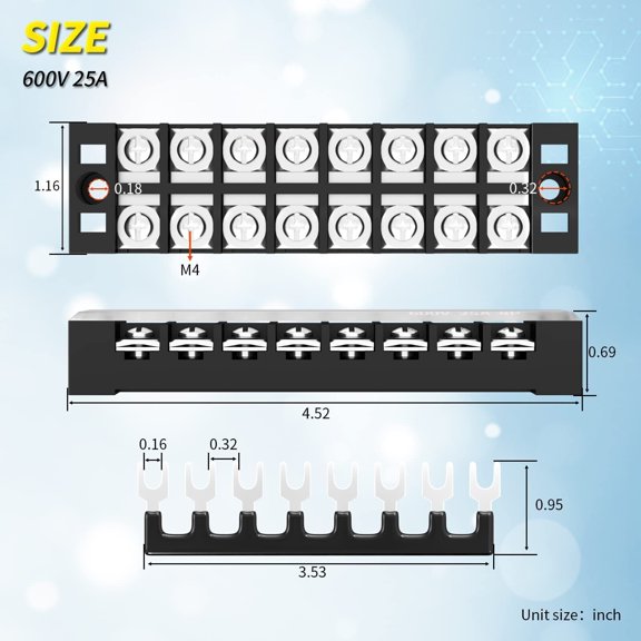 8 Position Terminal Block 25A 600V Dual Row Screw Terminal Strip W/Jumper Block