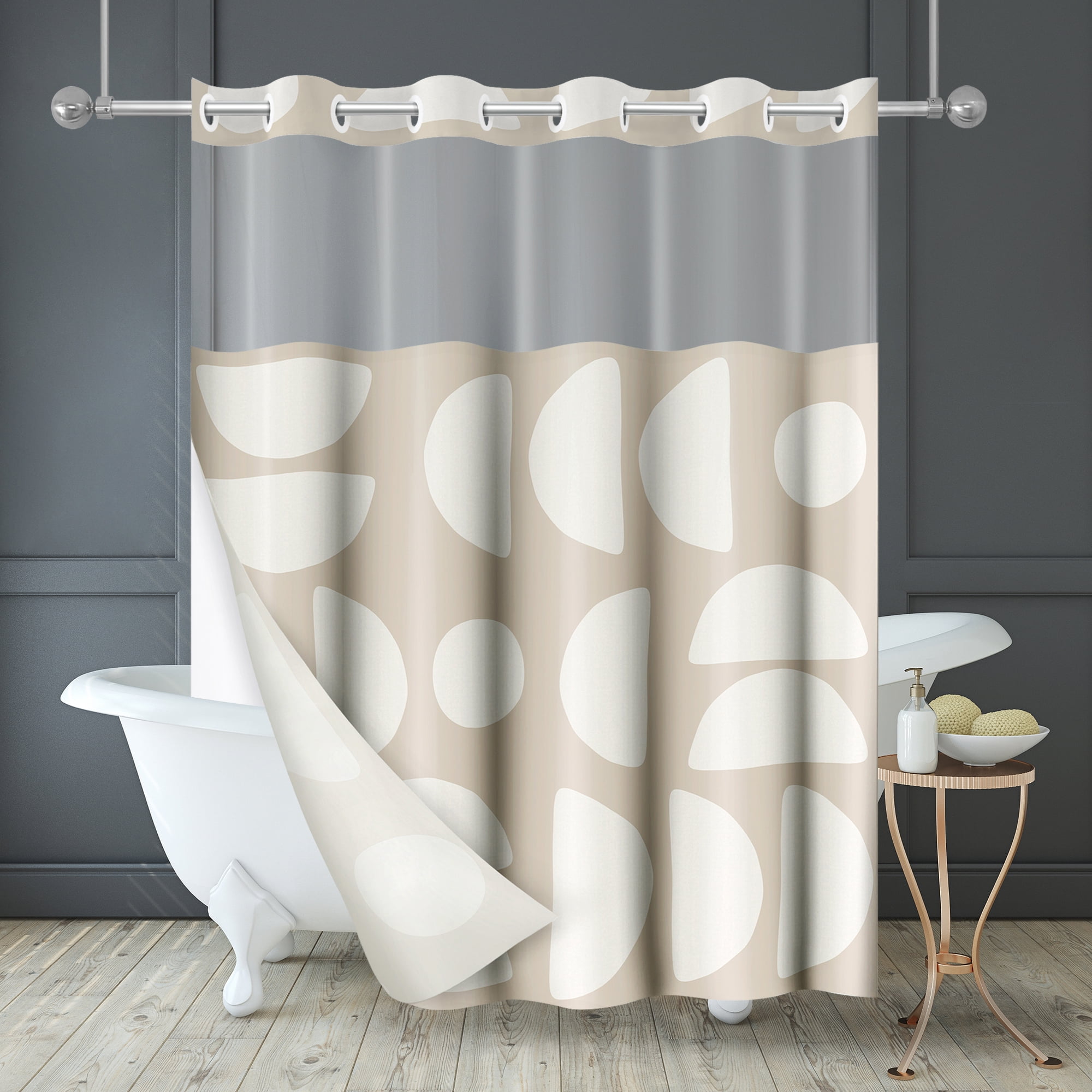 Americanflat 72x75 Hookless Shower Curtain - Abstract Khaki Cream Shower Curtain with Sheer Panel, Snap-In Liner, and Grommets - 100% Polyester