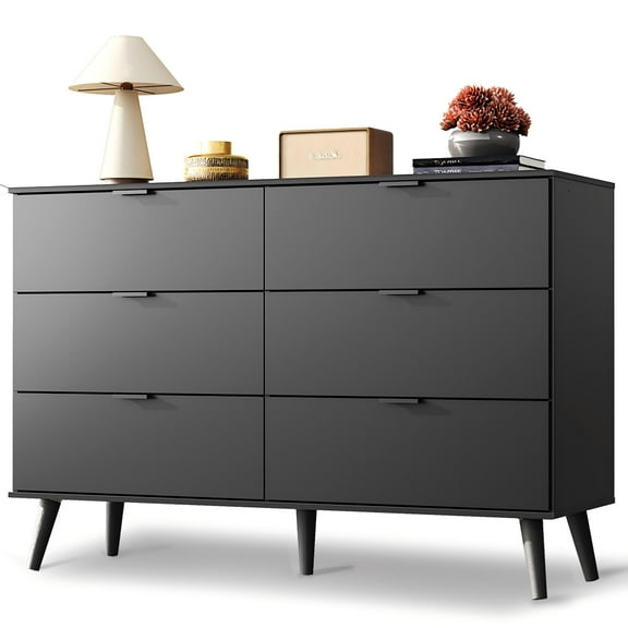 GALAXHERO 6 Drawer Wood Dresser, 47.2" Wide Chest of Drawer with Metal Handles, TV Stand for 55" TV, Double Dresser for Bedroom, Living Room, Hallway, Closet, Black