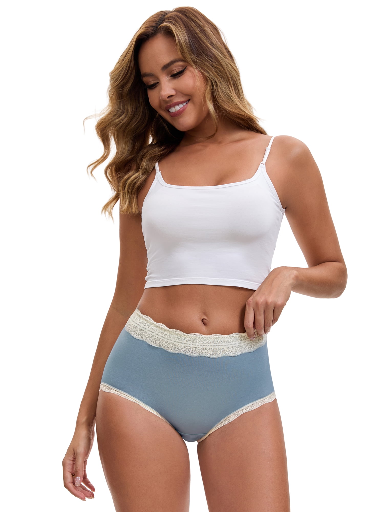 DARING DIVA Women's High Waisted Lace Trim Briefs Full Coverage Panties L Dark Blue