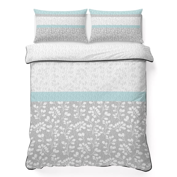 Twin Quilt Set 68''x86'', Aqua Grey Lightweight Summer Bedspread Coverlet Set with 2 Pillow Shams, Chic Garden Floral Stripe Embroidery Design Breathable All Season Quilt Bedding for Dorm/Bedroom