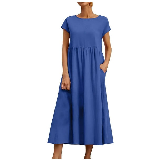 Vestido informal de lino sin mangas para mujer con bolsillos - Vestido midi de verano holgado con cuello redondo