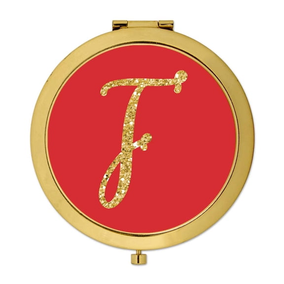 Koyal Wholesale Gold Compact Mirror Bridesmaid's Wedding Gift, Red with Faux Gold Glitter, Monogram Letter F, 1-Pack