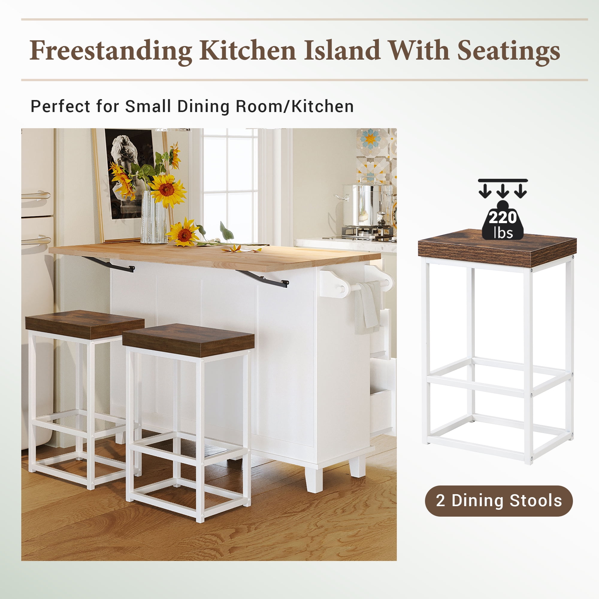 Yoneston Farmhouse Kitchen Island Set with 2 Stools, Dining Table Set with Drop Leaf, Storage Cabinet, Drawers and Towel Rack for Kitchen Dining Room, White