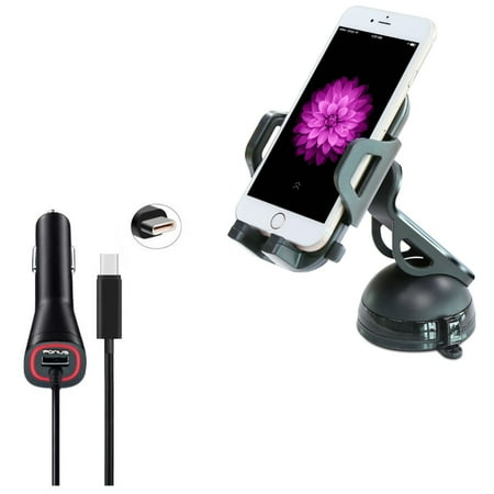 Type-C 3.4A Charger w Windshield Dash Car Mount for OnePlus 6, 7 Pro - Razer Phone 2 - RED