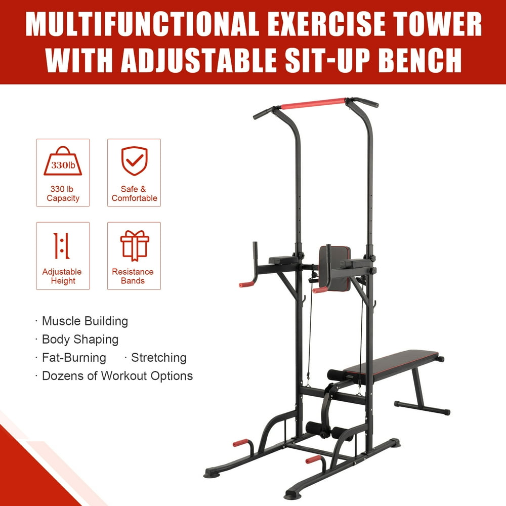 Power Tower Pullup Bar Dip Station with Situp Bench Home Gym Workout