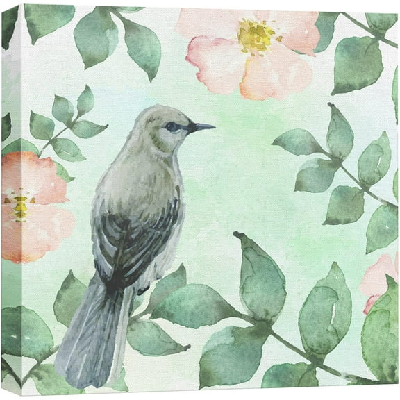 wall26 Canvas Print Wall Art Watercolor Effect Bird Among Pink Daisies Animals Wildlife Illustrations Modern Art Rustic Scenic Colorful Farmhouse/Country for Living Room, Bedroom, Office - 12"x1