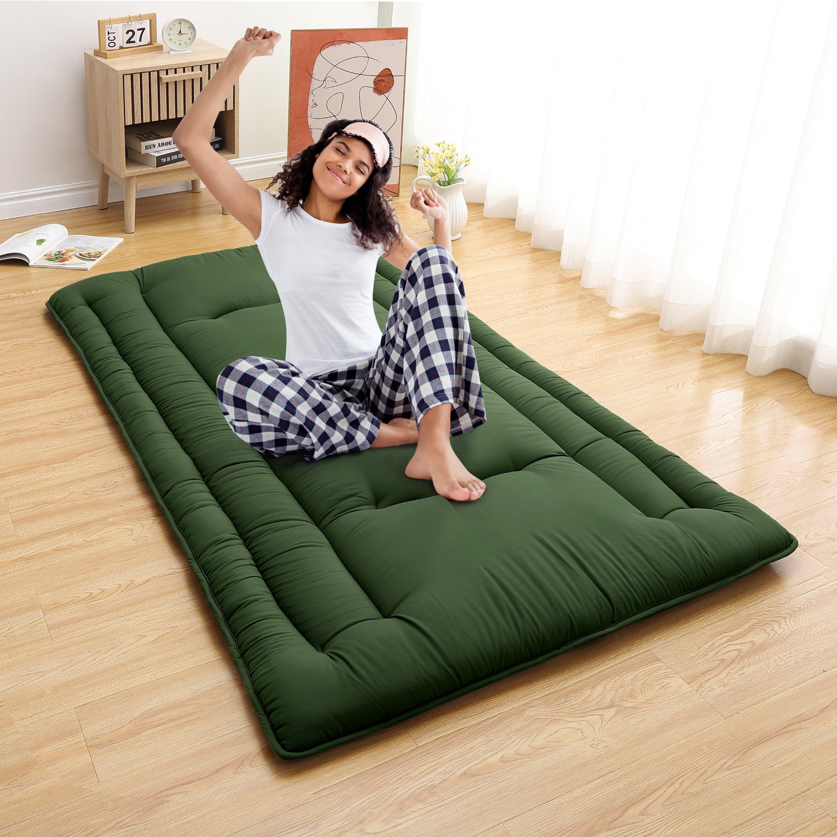 Twin Size Foldable Floor Mattress, Japanese-Style Roll-Up Foam Sleeping Mat, Space-Saving Tatami Floor Bed for Living Room or Bedroom, Army Green