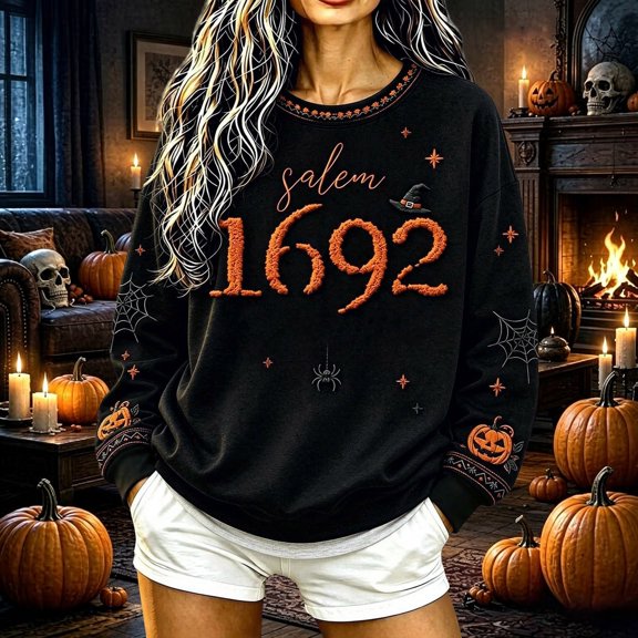 Women Salem 1692 Halloween Graphic Crewneck Sweatshirt, Vintage Patched‑Look Witch History Pullover, Long Sleeve Loose Fall Halloween Party Top for Ladies