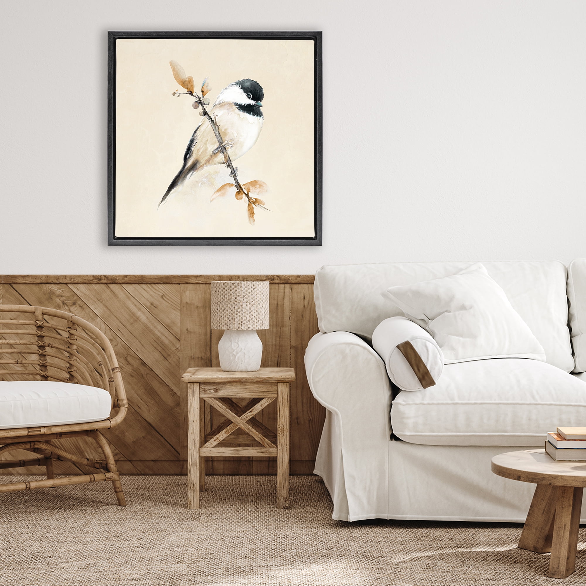 Stupell Industries Muted Watercolor Chickadee Black Framed Floater Canvas Wall Art, design by Diannart