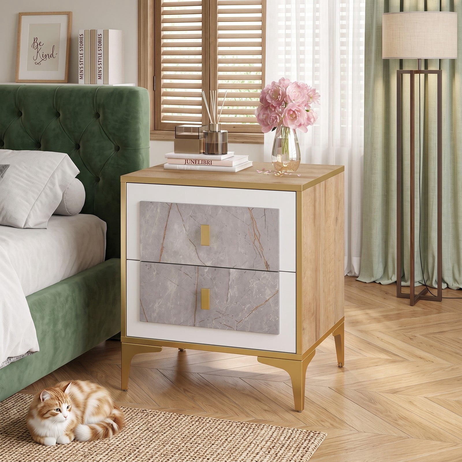 Furnibear Nightstand with 2 Pull-out Drawers and Metal Legs, Modern Bedside Table with Marble-pattern Fronts for Bedroom and Living Room, Natural