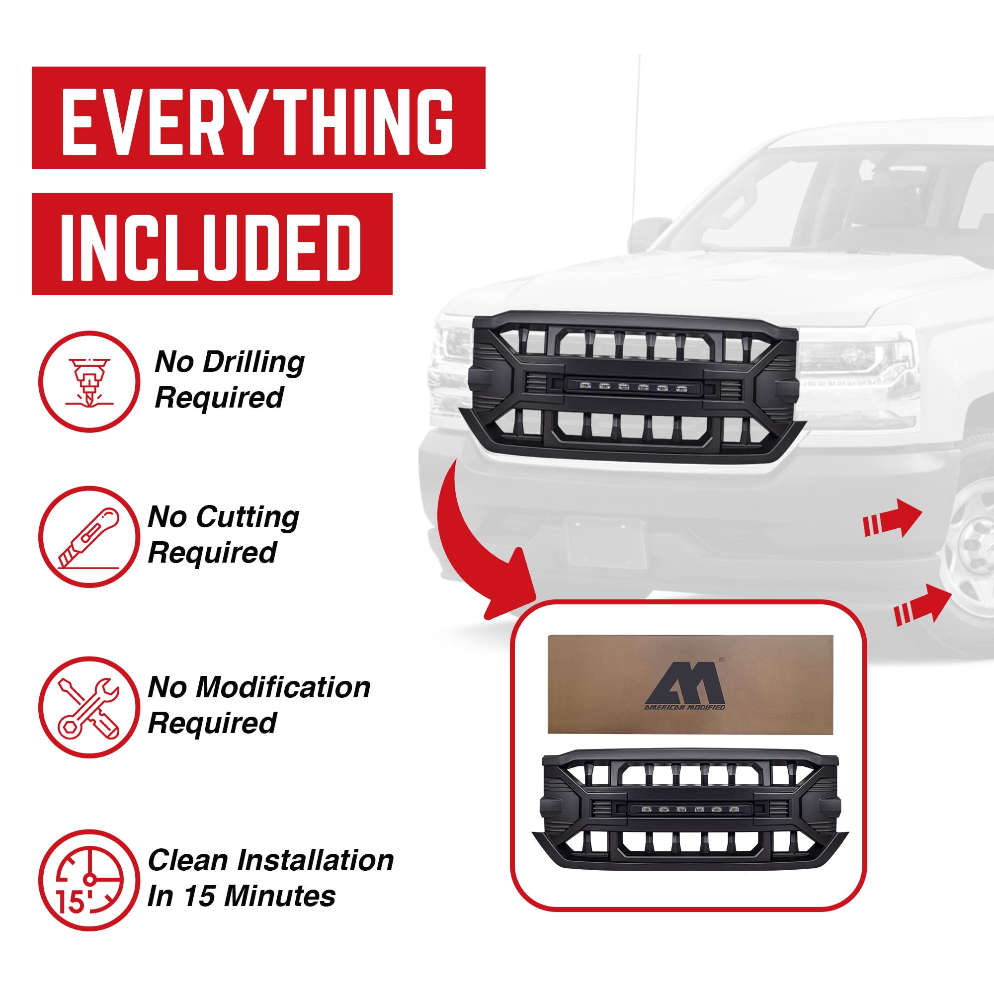 AMERICAN MODIFIED Armor Grille for 2016-2019 Silverado 1500, Matte Black