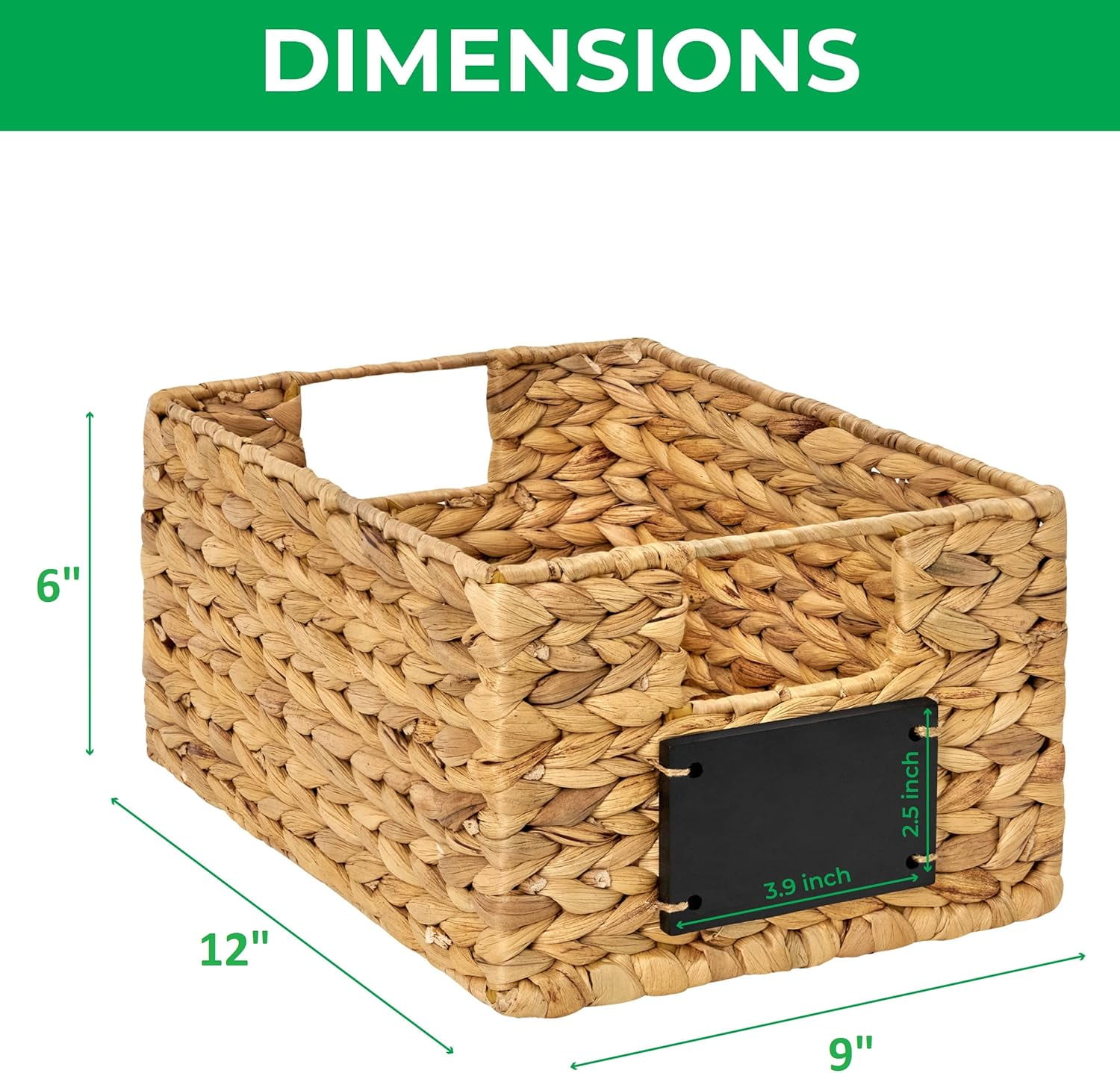 BARIEN 6 Pcs 12" x 9" x 6" Natural Water Hyacinth Woven Storage Baskets, Rectangular Wicker Basket with Built-in Handles, Woven Cube Storage Bin with Chalkboard Label Chalk Marker