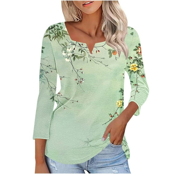 Women's Casual Shirts 3/4 Sleeve V-Neck Blouses Tops Fashion Floral Print T-Shirt Dressy Tunic Top Loose Pullover Womens Shirts