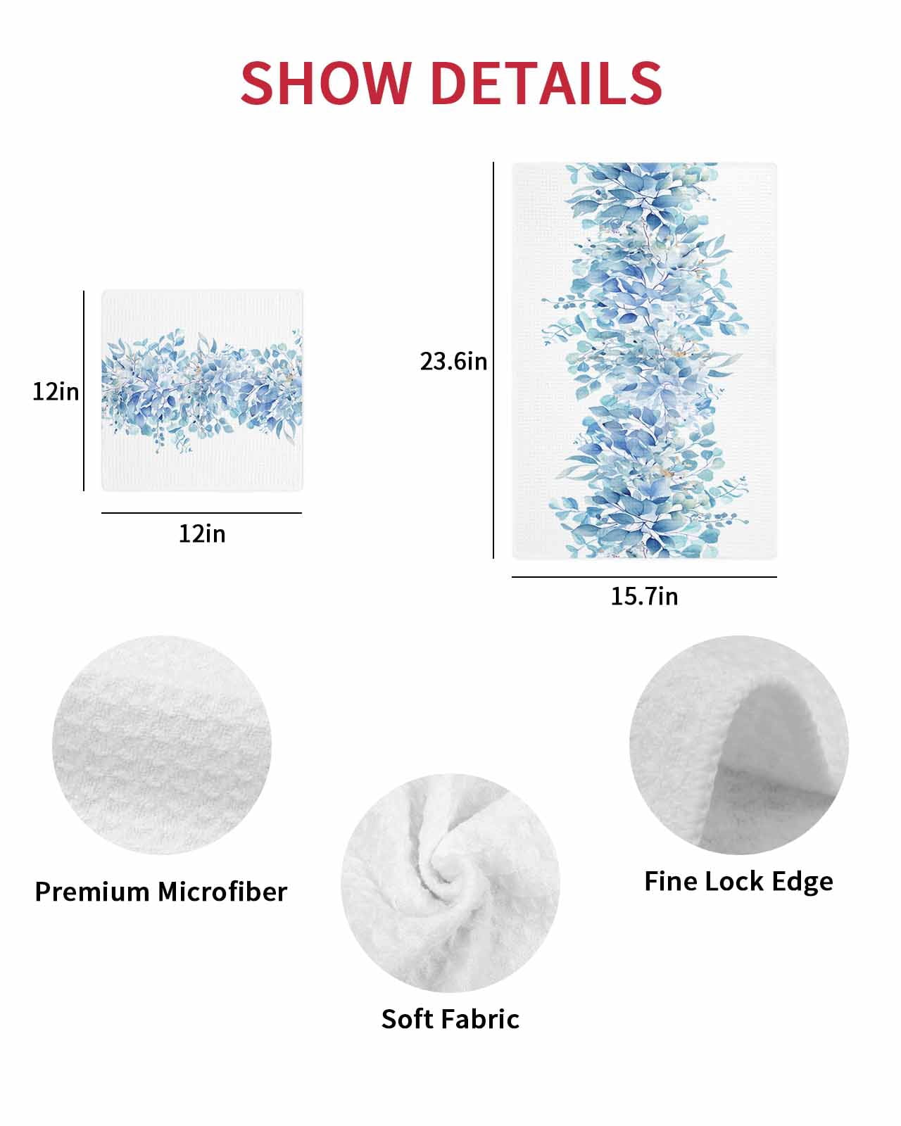Blue Eucalyptus Leaves Dish Towels Set, Waffle Weave Kitchen Towels 2 Pieces, Spring Summer Botanical Floral Microfiber Hair Face Bath Tea Towel Absorbent Quick Drying Cleaning Dish Cloths 12"x12"