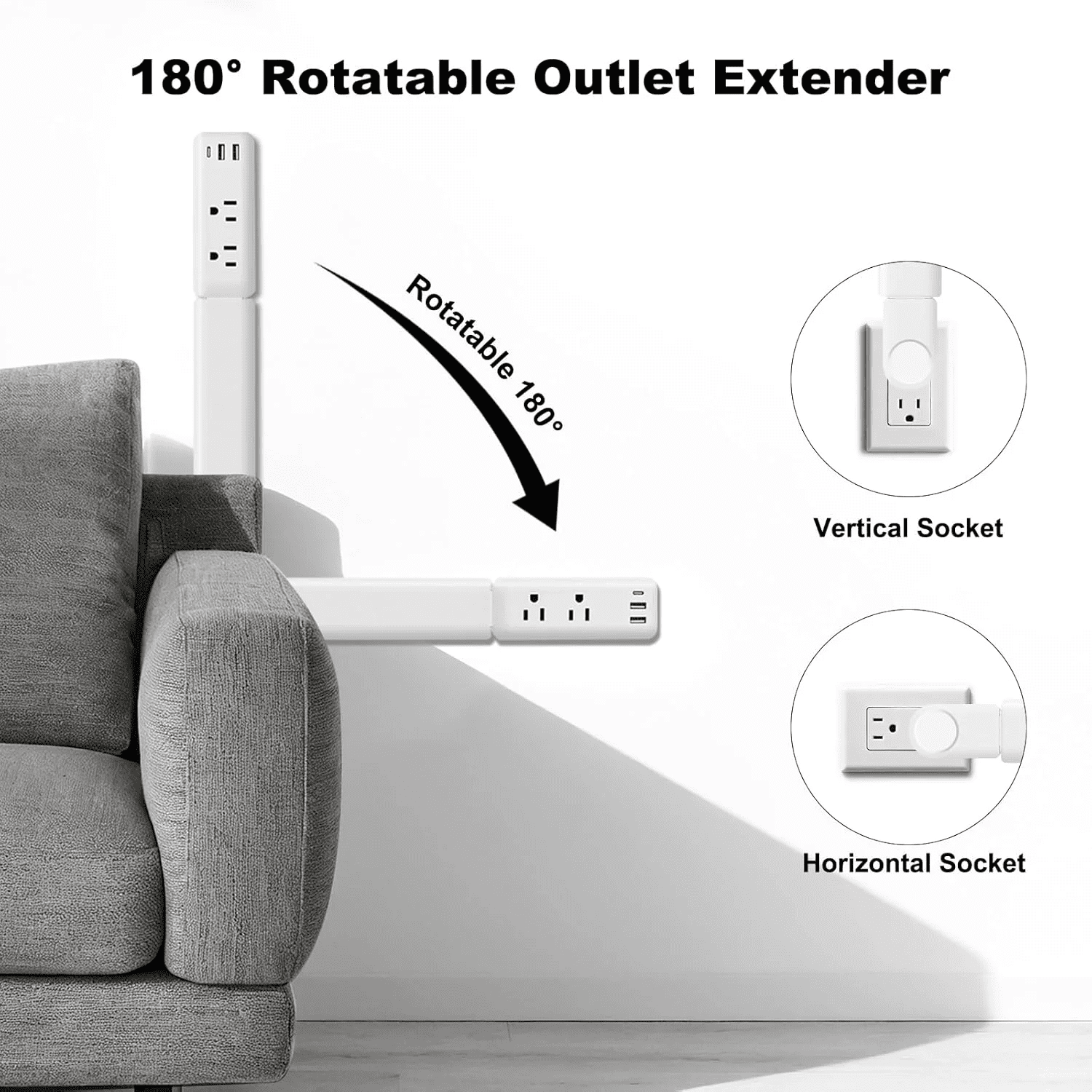 Telescopic Electrical Outlet Extender, 22"-34" Extension, 180° Swivel, 2 AC Outlets & 3 USB (1C/2A) for Hard-to-Reach Outlets