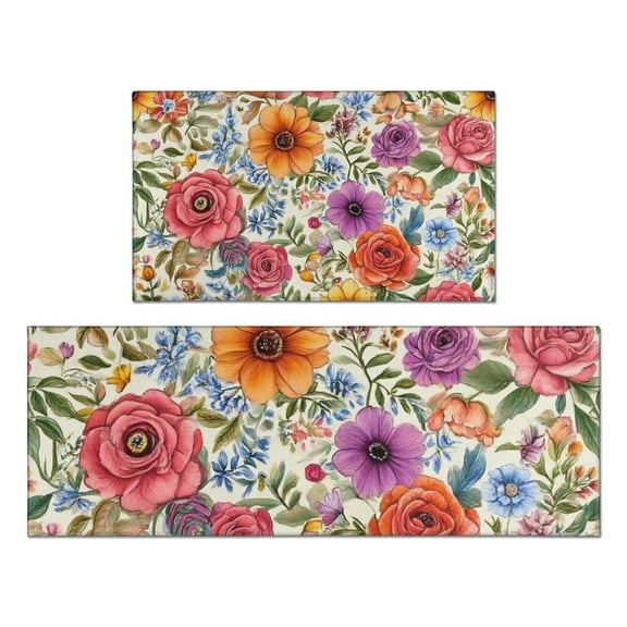 Pioneer Flower Floral Print Pattern Kitchen Rugs Sets Of 2,Anti Fatigue Kitchen Mat Rugs Non Slip Washable,Decorative Kitchen Floor Mats for Kitchen,Sink,Laundry,17"x30" 17"x47"