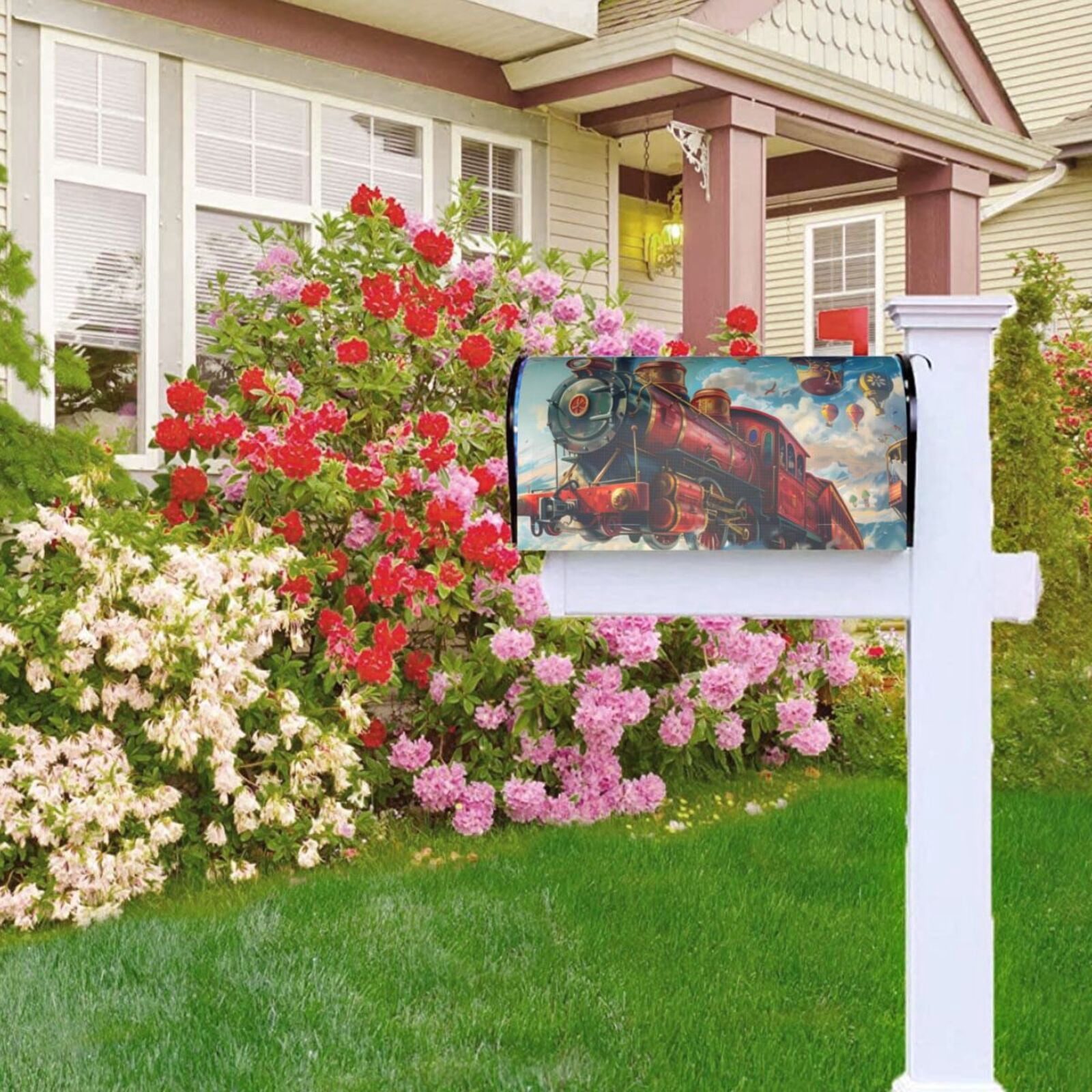 Fuzoiu Beautiful Red Train Hot Air Balloon Print Decorative Waterproof Mailbox Cover,Welcome Magnetic Mailbox Cover, Post Letter Box Wrap Cover for Outdoor Decor -21x18 in