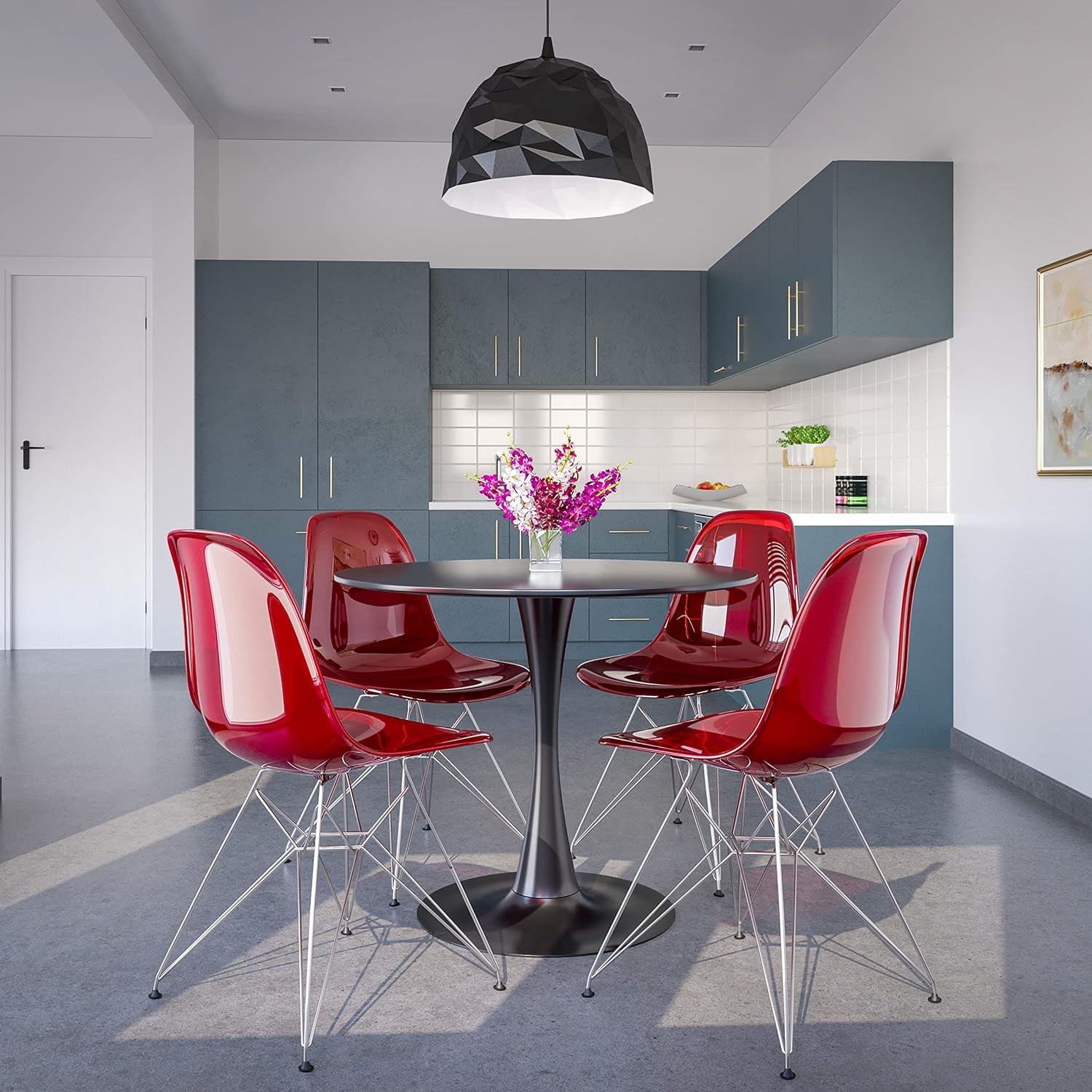 Cresco Dining Chair in Acrylic with Chrome Eiffel Base and Curved Back Design Lightweight Easy Assembly for Modern Home, Kitchen, Cafes in Transparent Red