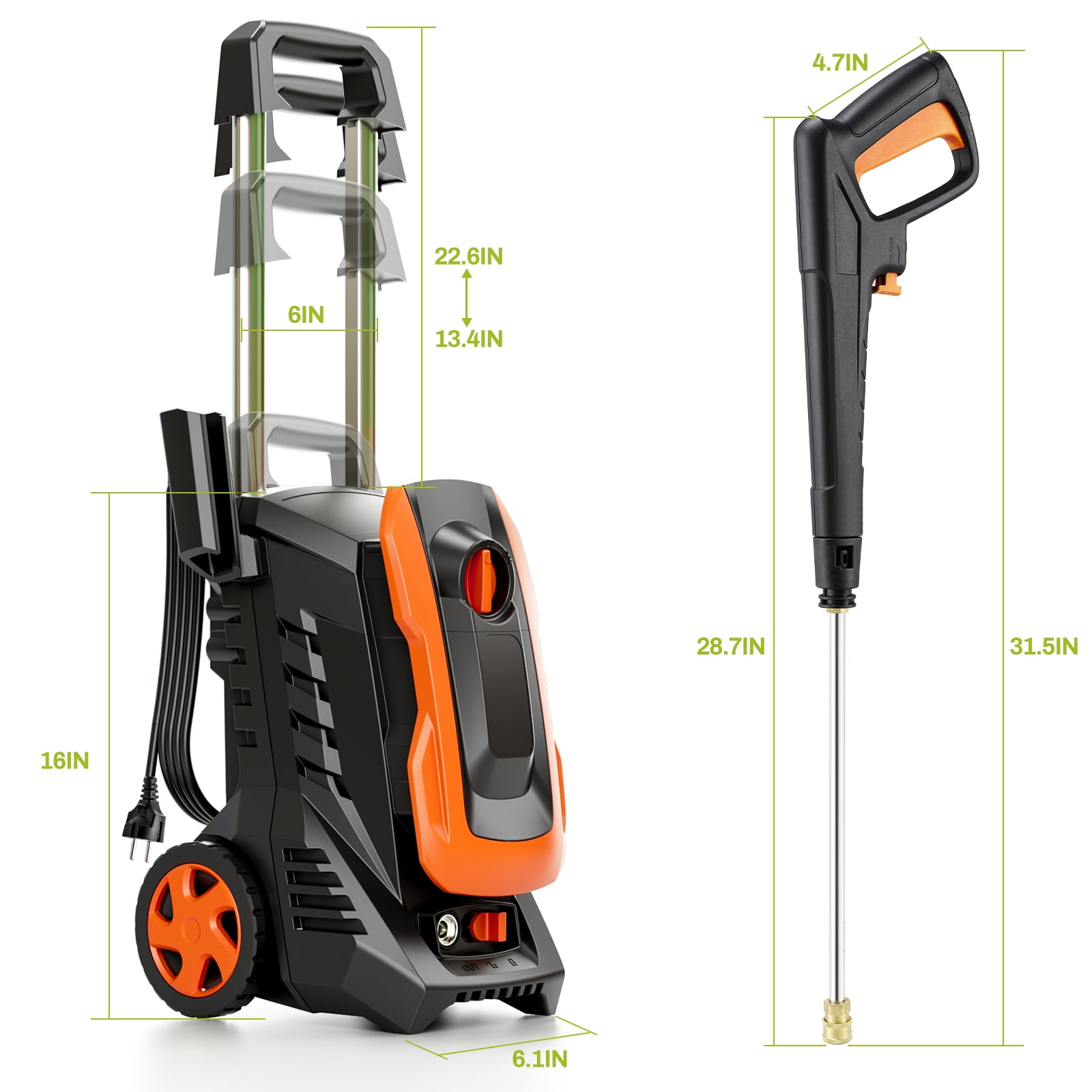 Pirecart Electric Pressure Washer 2700 PSI 1.7 GPM with Telescopic Handle, 4 Nozzles, Foam Cannon, 23ft Outlet Hose, High Pressure Washer for Cars, Decks, Driveways, Home, Patios.