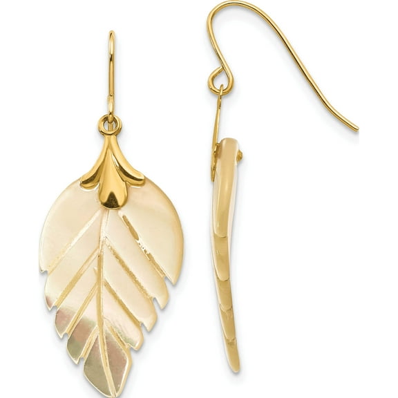 14K Yellow Gold Madi K Mother Of Pearl Leaf Dangle Earrings (33 X 13) Made In United States se620