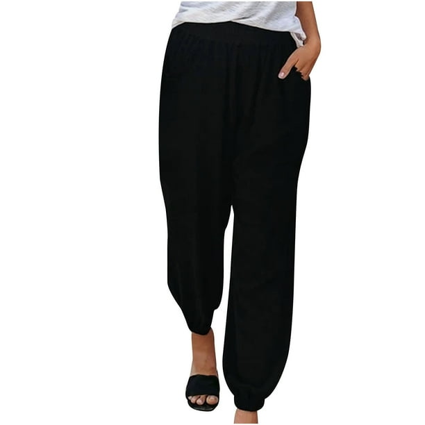Pantalones casuales con cordón para mujer talla grande - Cintura elástica, bolsillos, poliéster, corte holgado, aptos para el día a día, la playa y para dormir, para todas las estaciones