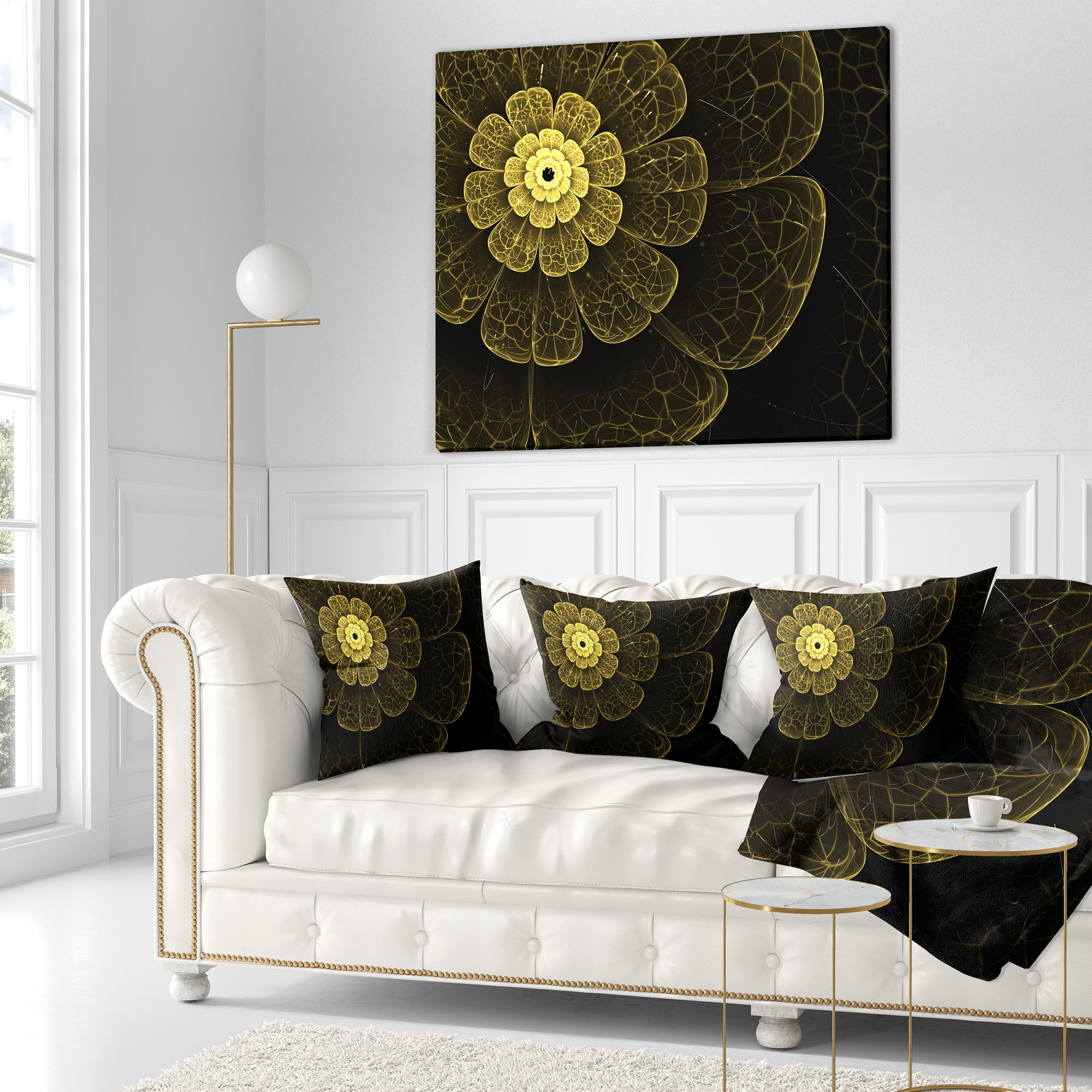 Designart Light Yellow Metallic Fabric Flower - Abstract Throw Pillow - 18x18