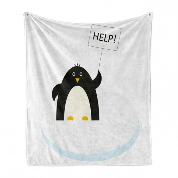 Cartoon Soft Flannel Fleece Blanket, Arctic Animals Theme Penguin on an Ice Block Needs Help Illustration, Cozy Plush for Indoor and Outdoor Use, 50" x 70", Black White and Sky Blue, by Ambesonne