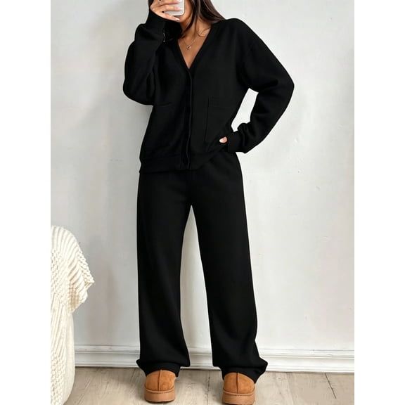 DENTOYOU Lounge Sets for Women 2 Piece Outfits V Neck Button Long Sleeve Shirt Wide Leg Pants Matching Set Sweatsuits Black L