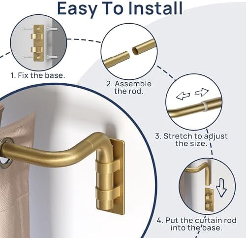 Blackout Curtain rod for windows 48 to 84, Wrap Around Curtain Rods for Bedroom, Living Room, Adjustable from 30 to 86 Inches, Gold