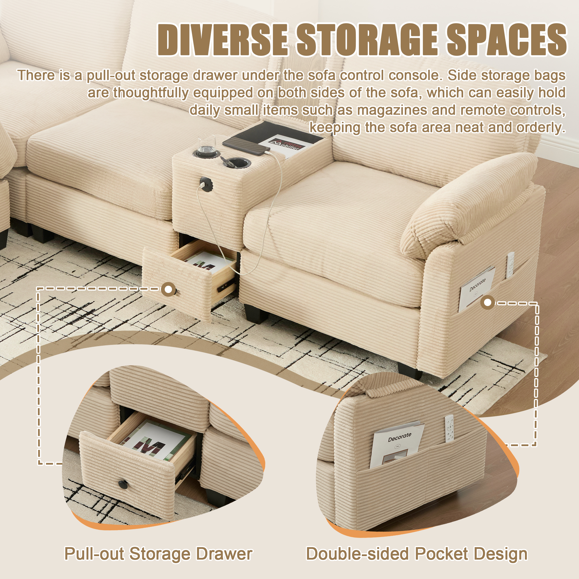MOONMISS Corduroy Upholstered L-Shaped 4-seater Storage Multifunctional Sectional Sofa with Storage Ottoman-Khaki