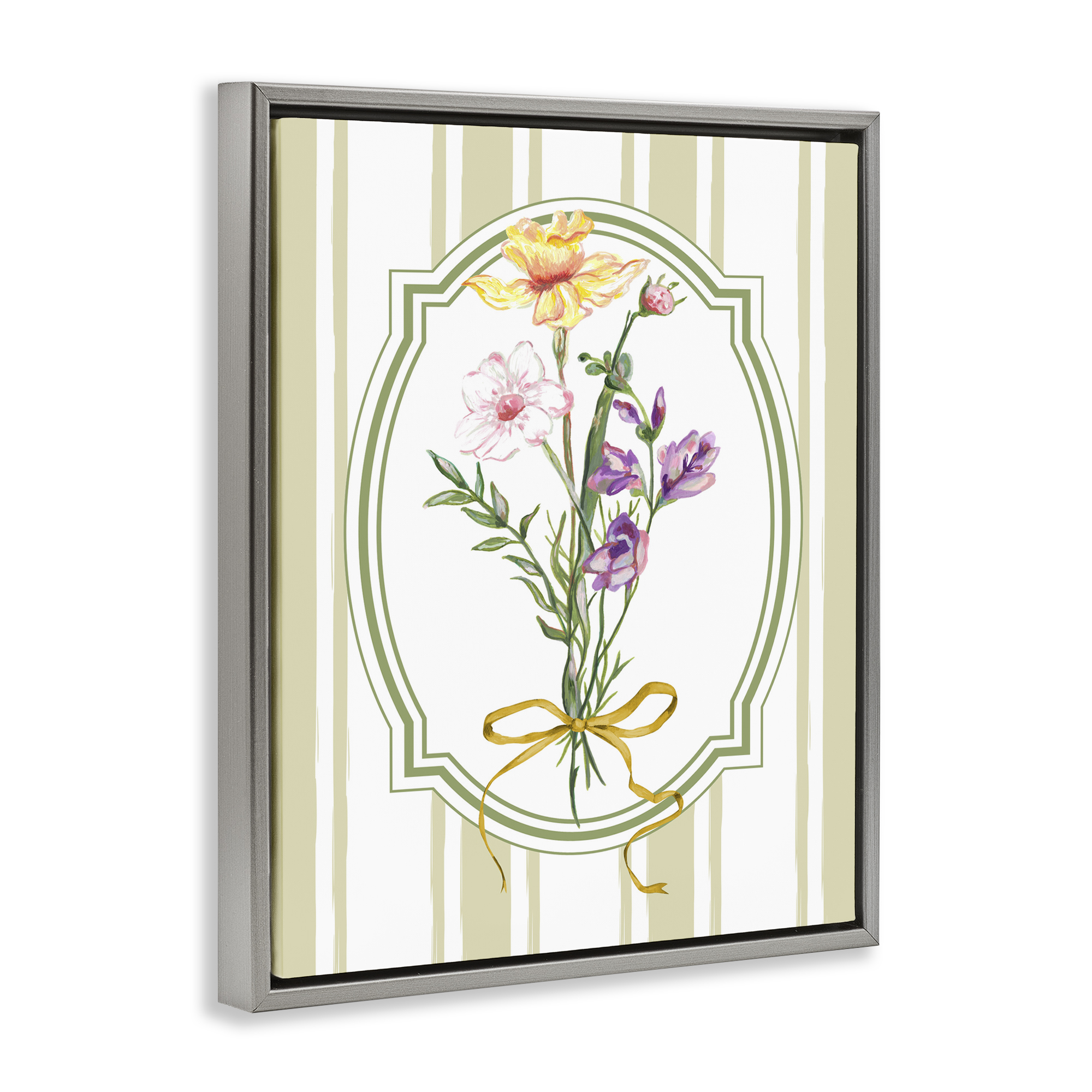 Vintage Wildflowers with Ribbon Gray Framed Floater Canvas Wall Art, design by Adonna Ebrahimi