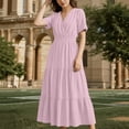 thumbnail image 5 of ClodeEU Women's V Neck Short Sleeve Tiered Midi Dress,Casual Flowy A-Line Sundress Pink,Women's Plus M, 5 of 6