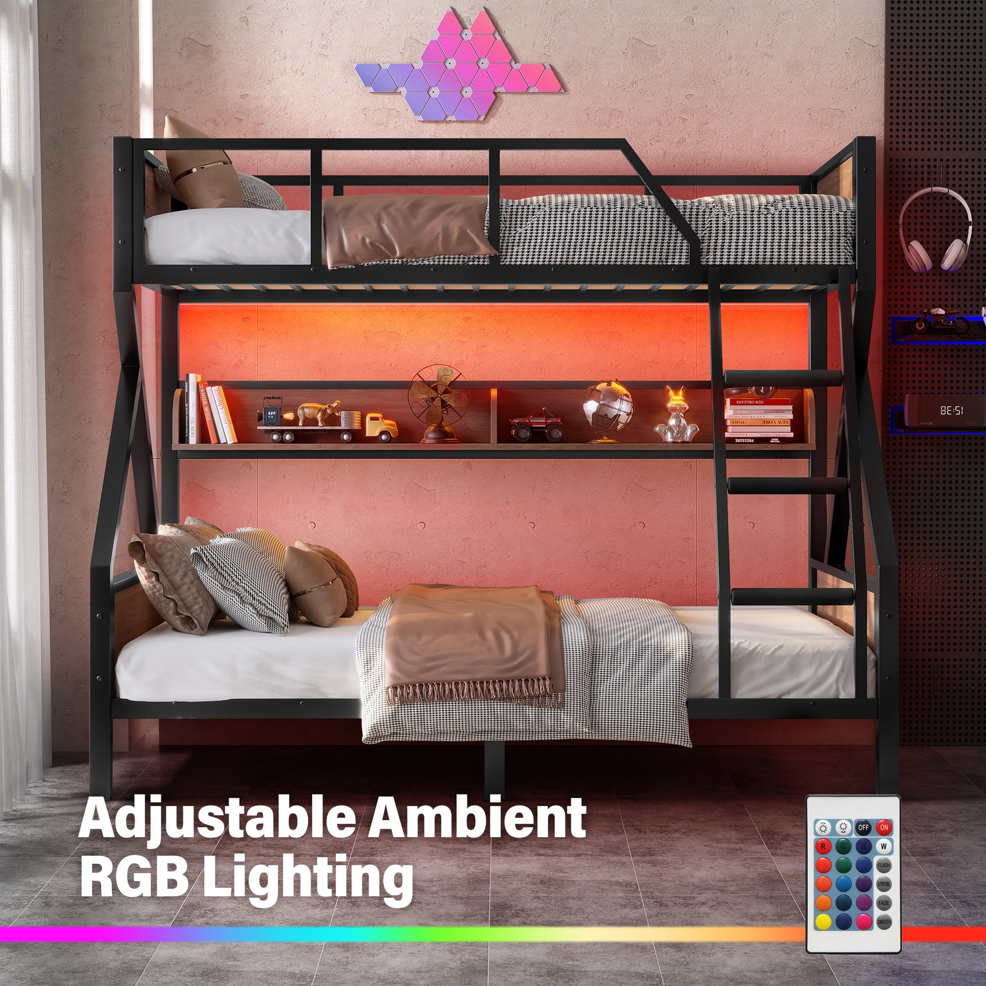 Aukfa Heavy-Duty Twin Over Full Bunk Bed with LED Lights & Storage Shelves, Metal Frame with Guardrails for Kids Teens Adults, Black