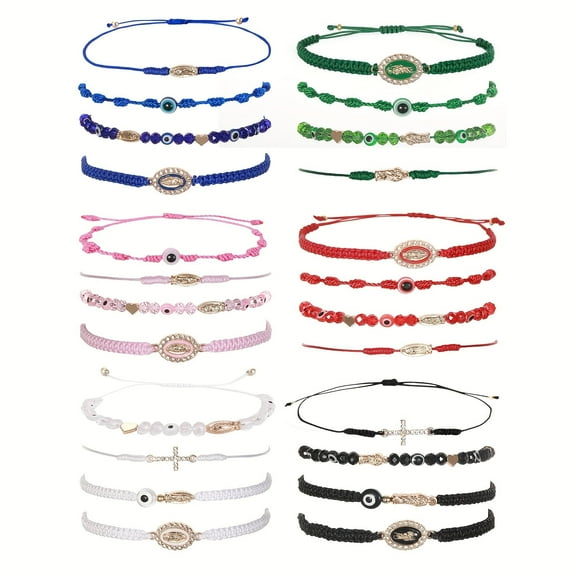24PCS Matching Couple Bracelets Evil Eye Heart Charm Pink Lucky String Bracelets Mexican Braclets Green Rope San Judas Bracelet Virgin Mary Amulet Gift for Women Men