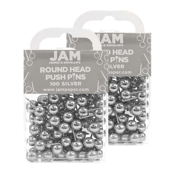 JAM Paper Round Head Push Pins, Silver Pushpins, 200/Pack