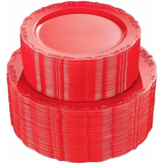 100PCS Red Christmas Plastic Plates - Heavy Duty Plastic Disposable Party Supplies Include 50PCS 10" Dinner Plates and 50PCS 7.5" Dessert/Salad Plates for Christmas, Party, Wedding